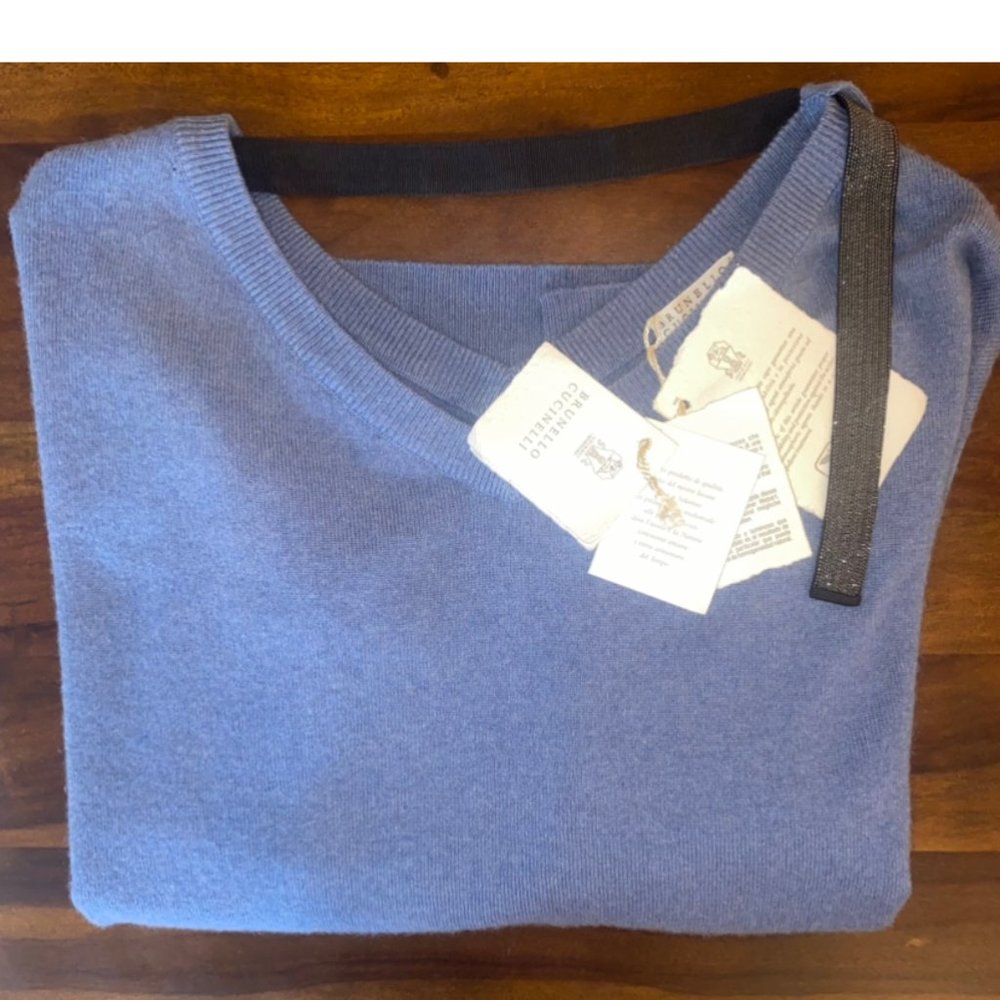 Brunello Cucinelli Monili Neck Strap Blue Cashmere Sweater US 8-10